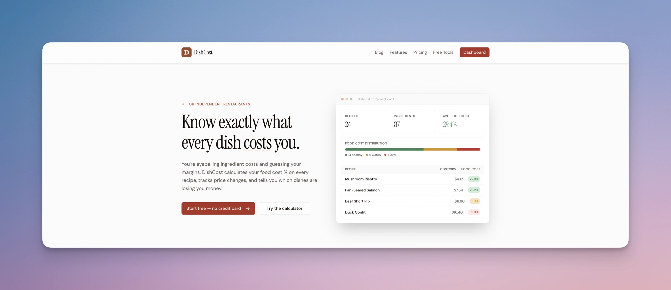 A DishCost landing section. The product "screenshot" on the right is HTML, not a PNG.