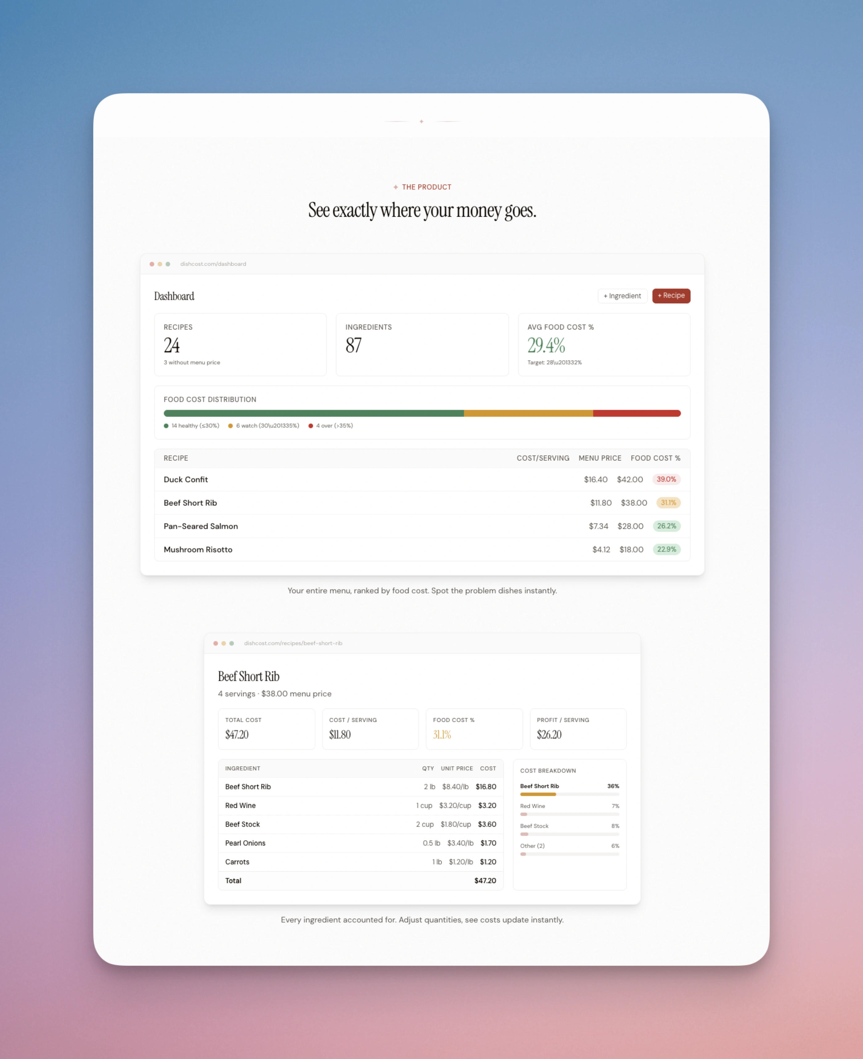 More HTML-rendered product screenshots on DishCost, stacked to show detail.
