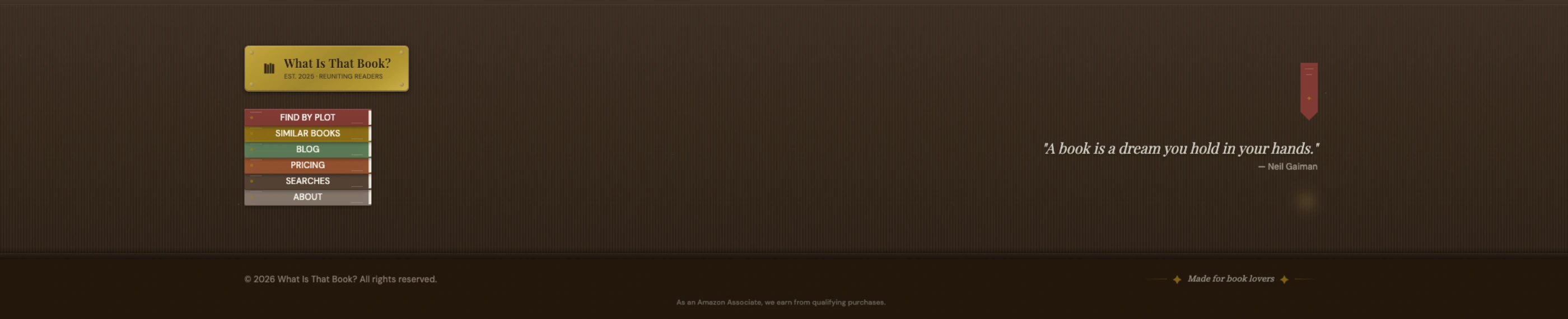 Footer detail: brass "What Is That Book?" plate, book-spine menu, peeking bookmark.