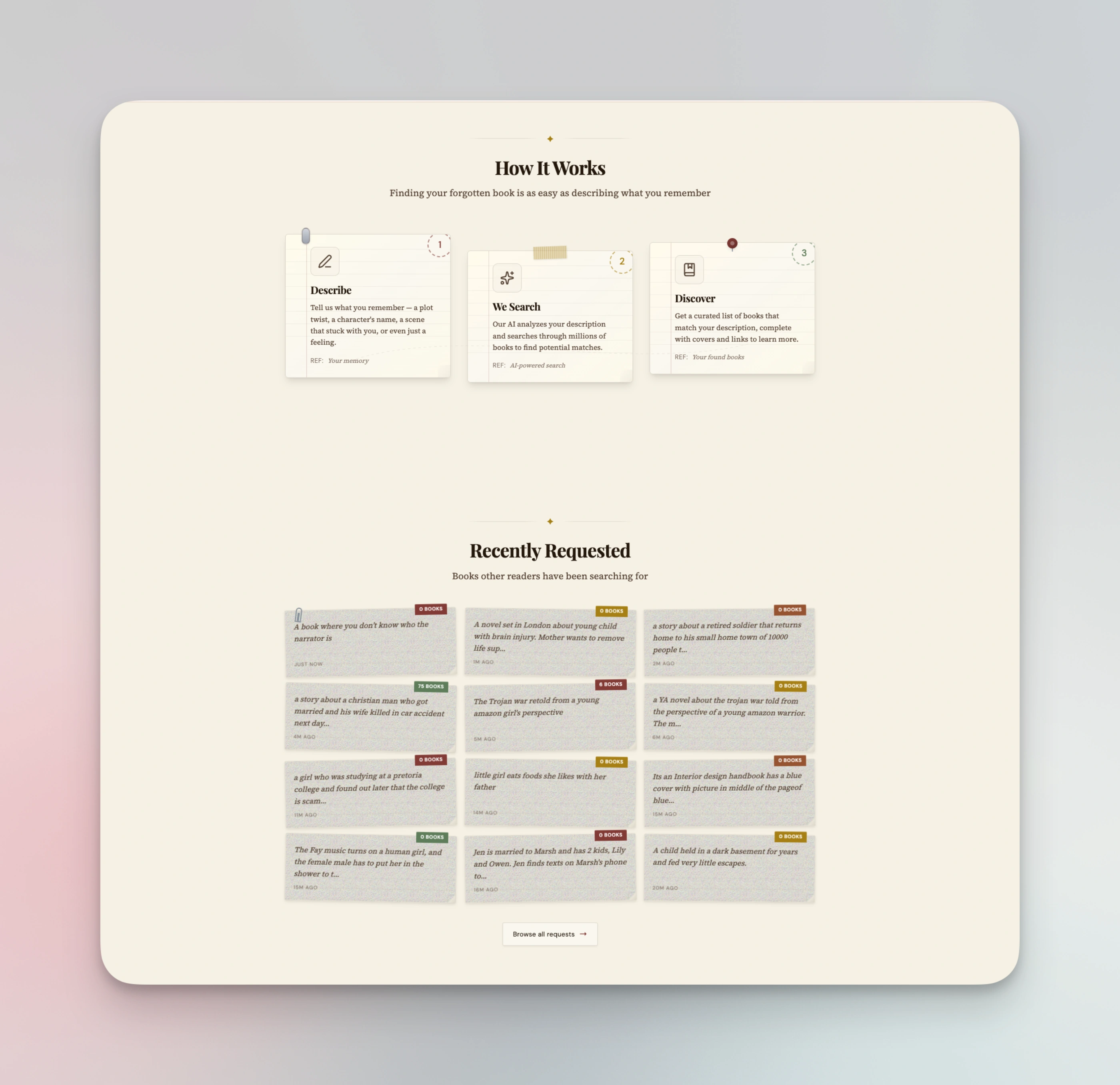 How It Works and Recently Requested, rendered as index cards and book cards.