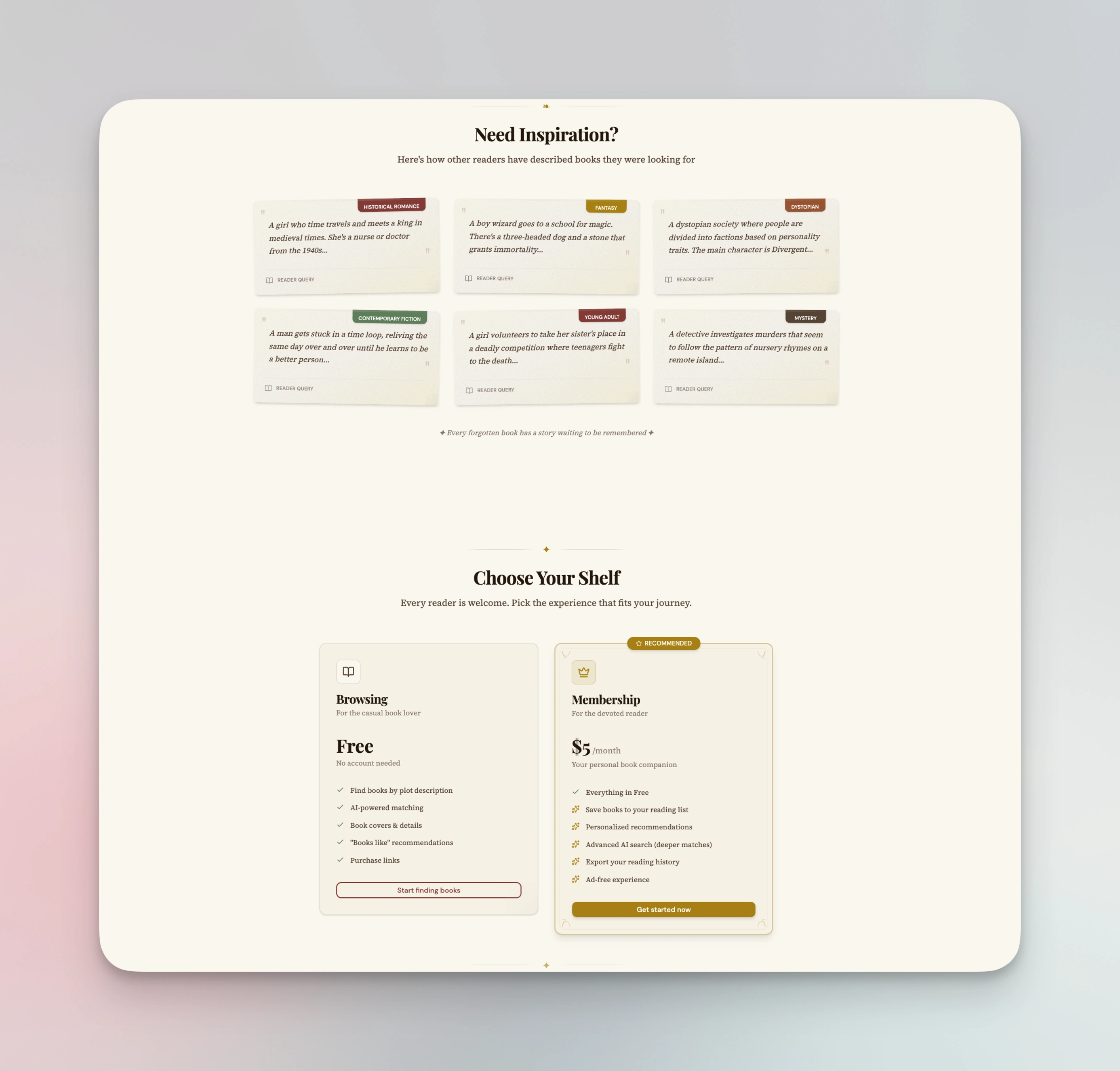 Need Inspiration and Choose Your Shelf — pricing as a bookmarked shelf.